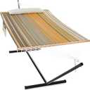 Gafete Waterproof Double Hammock with Stand for Outside Heavy Duty, 2 Person 55'' Large Quick Dry Textilene Hammocks with Hardwood Spreader Bar, Pillow, Pockets, for Outdoor, 475lbs Capacity (Coffee)