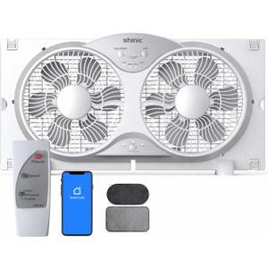 shinic 9" Twin Smart Window Fans with Exhaust and Intake, WiFi App Remote Control, 3 Speeds 3 Functions, Adjustable Width, Removable Cover, Bug Screen, Dual Window Fan Vertical for Bathroom Kitchen
