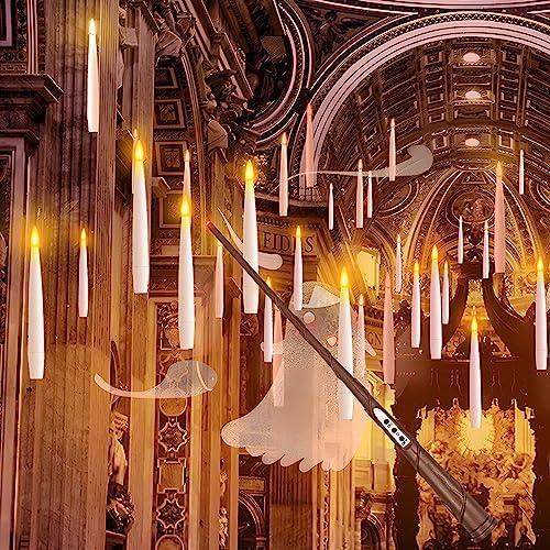Christmas Decorations, 20 PCs Floating Candles with Wand Magic Hanging Candles, Flickering Warm Light Flameless Floating LED Candle with Wand Remote, Battery Operated Taper Candle Set for Theme Party