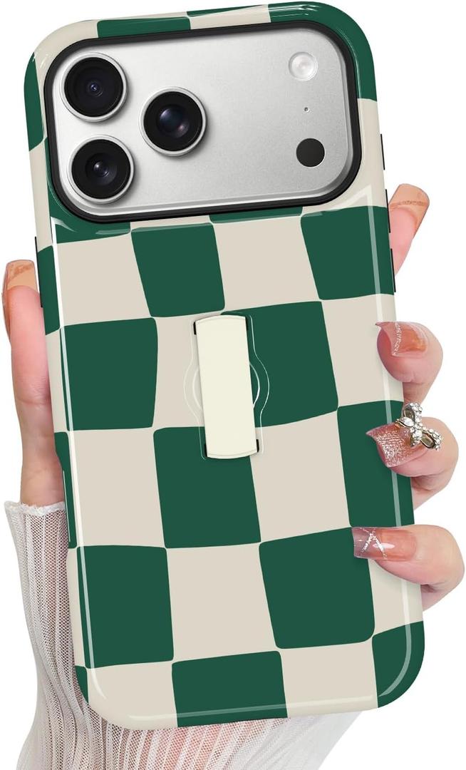 KANGHAR Compatible with iPhone 17 Pro Case, Silicone Checkered Cute Pattern, Finger Hold Wristband Kickstand Camera Protection Soft Slim Phone Case for Girls Women -Green White