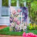 Evergreen Tulip & Easter Lily Cross Suede Garden Flag 12x18 Double Sided, All Weather Flags For Outside House, Welcome Spring Flags for Front Door, Garden, Yard