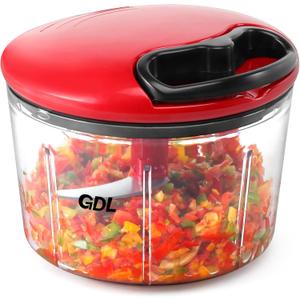 GDL Food Chopper, Pull Onion Chopper Dicer, Hand Powered Food Mincer, Fast Cutting Hand Chopper for Onion, Garlic, Nut, 3.4 Cups 0.8L, Red