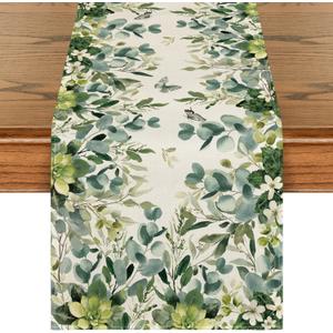 Artoid Mode Green Flowers Floral Eucalyptus Summer Table Runner, Seasonal Spring Kitchen Dining Table Decoration for Home Party Decor 13x90 Inch