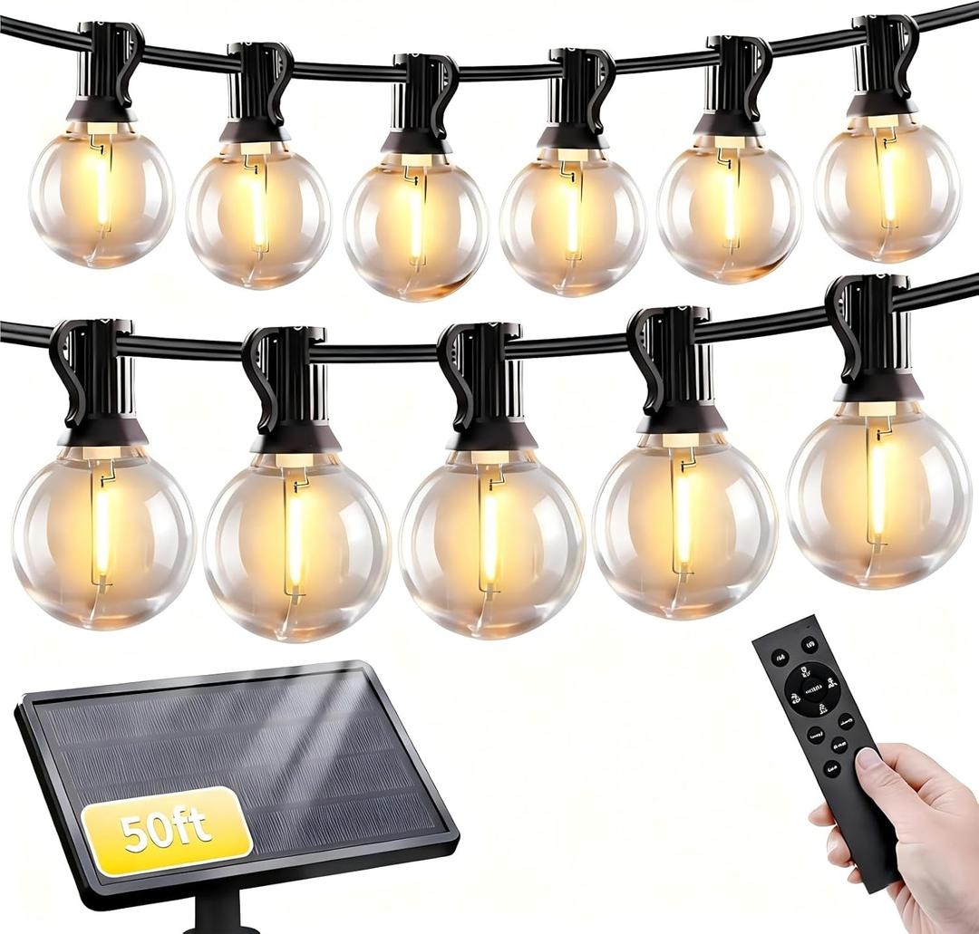 SANBEN Solar String Lights Outdoor with Remote, 50ft 25 Bulbs Solar Powered Patio Lights Waterproof, Dimmable & Timer, G40 LED Solar Lights for Camping Deck Backyard Garden Fence