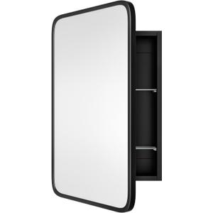 Vintage-Style Bathroom Wood Black Cabinet with 16.5''x24'' Black Metal Frame Curved Mirror, Recessed Medicine Cabinet, in Wall or Surface Mount Bathroom Storage Cabinet