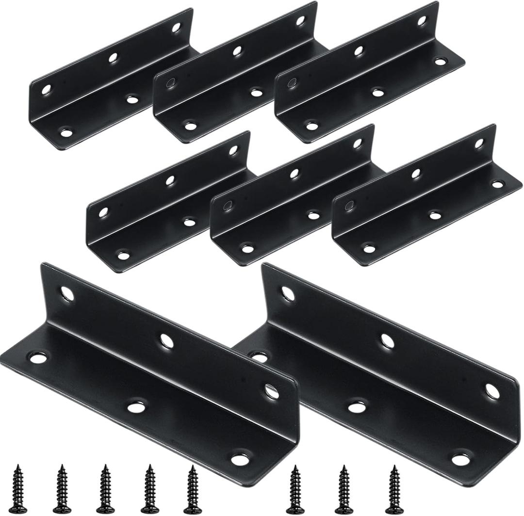8PCS L Bracket 3.2"x0.9" Stainless Steel Corner Brace Heavy Duty 90 Degree Corner Fastener Black Large Angle Brackets for Wood Furniture Bedframe Cabinet Drawer Chair with Mounting Screws