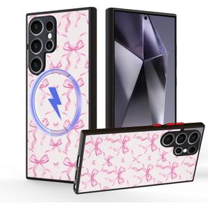 Compatible for Smasung Galaxy S25 PlusMagsafe Case, Aesthetic Pink Ribbons and Bows in Watercolor Print Art Thin Soft Black TPU +Tempered Mirror Protective Magnetic Case