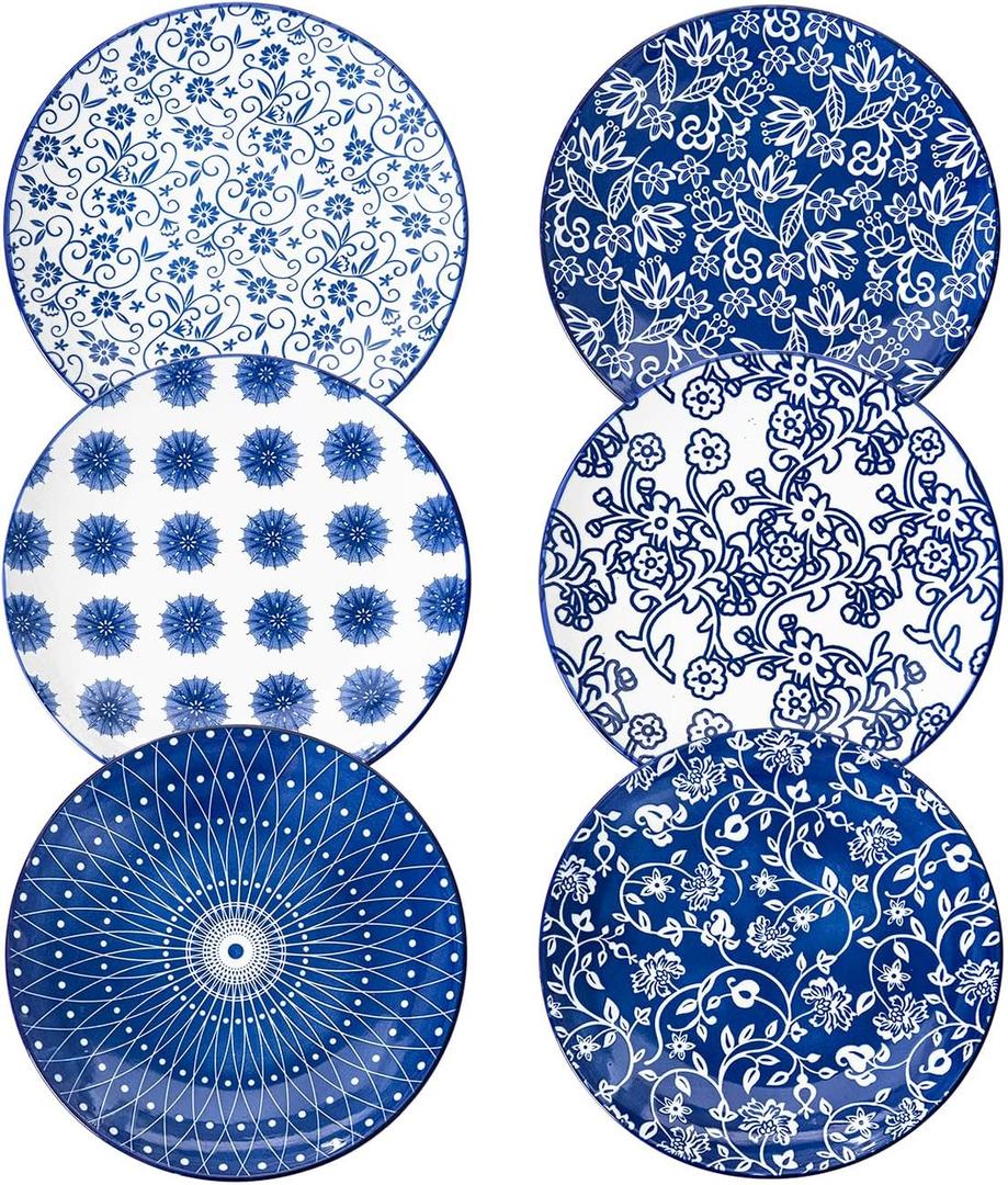 Ceramic Salad Plates Set - 8.5 Inch Small Round Dessert Dishes for Kitchen Dinner Pasta Appetizer Sandwich - Scratch Resistant Porcelain Microwave Oven Dishwasher Safe - Set of 6 - Vintage Blue