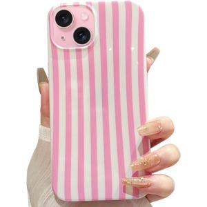 For iPhone 15 Plus Case Striped Phone Cases Trendy Cute Women Girly Aesthetic Trendy Fashion Soft TPU Slim Shockproof Protective Cover Pink Strips