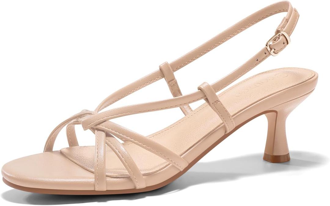 Coutgo Womens Strappy Sandals Slingback Kitten Low Heels Open Toe Buckle Strap Summer Party Dress Shoes (Beige) Size 10