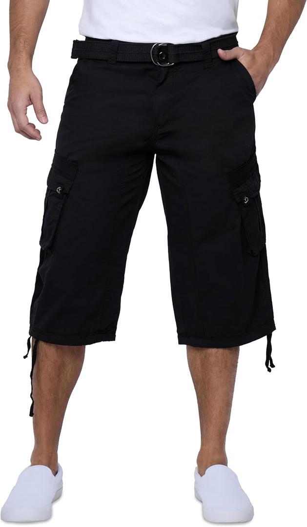 X RAY Men's Belted Tactical Cargo Long Shorts 18" Inseam Below Knee Length Multi Pocket 3/ 4 Capri Pants Black Size 38