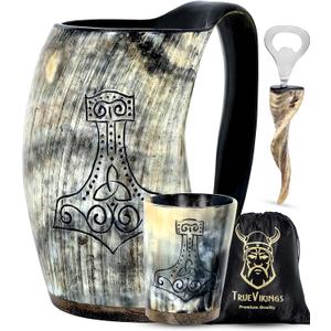 Drinking Horn Mug 16-20 oz  Gifts for Men, Dad, Husband  Unique Viking Gift  Handmade Authentic Ox Horn Cup with Shot Glass & Opener  For Beer, Ale, Mead  Natural Polished (Thor)