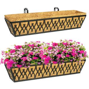 2 Pack 30 Inch Window Boxes Planters Railing Planter Box with Adjustable Brackets for Porch Fence Patio Balcony Hanging Flower Baskets with Coco Liners for Outdoor Garden Decor - Black