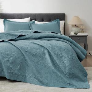 Hansleep Blue Quilt King Size - Baroque Ultrasonic All Season Bedspread King, Soft Lightweight Coverlet Bedding Set, 3 Pieces (1 Quilt, 2 Pillow Shams)