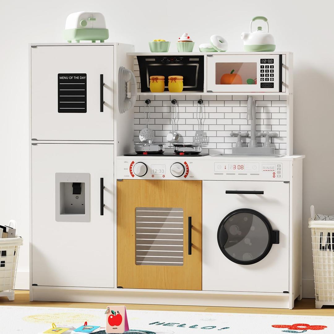 Babytronic Wooden Kitchen Playset for Kids, Interactive Play Kitchen with Lights & Sounds, Children Pretend Toy Kitchen Set with Faucet, Oven, Microwave, Kitchenware for Toddlers Ages 3+ (White), 31.5 x 9.8 x 32.9 inches