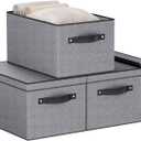 Storage Boxes, 15 x 9.8 x 8.3 Inch Baskets for Organizing with Lids, Fabric Bins with Handles, Decorative Linen Closet Organizers, Gray, 3 Pack (Medium3 Pack)
