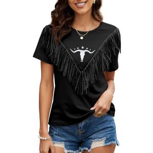 Boho Cow Skull Shirt Women Cowgirl t Shirt Vintage Western Rodeo Graphic Tee Short Sleeve Bull Skull Casual Top (Medium, Fringe-black)