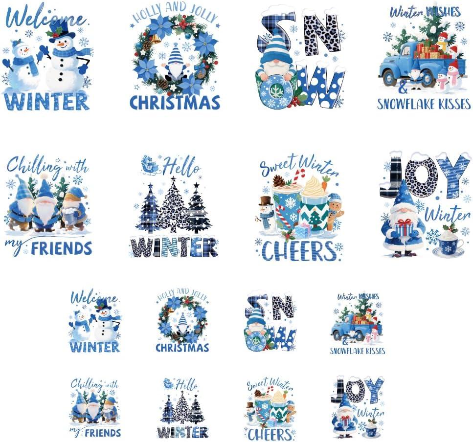 ANATTASOUL 16 Sheets Christmas Iron on Transfers for T-Shirts Winter Snowman and Pine Tree DTF Transfers Ready to Press, Washable Iron on Decals for Women Lady Clothing Hat Bag Pillow DIY Crafts