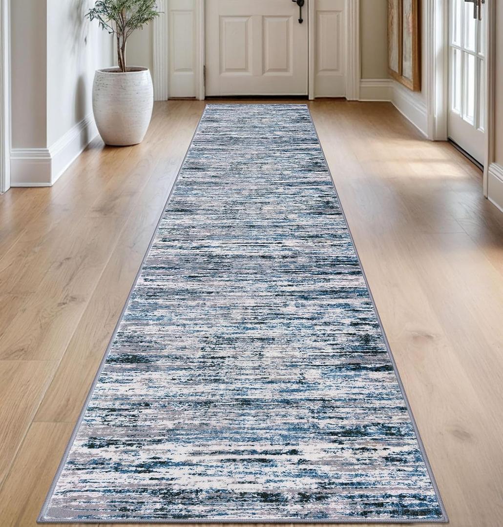 Lansny Modern Abstract Runner Rug 2.6x14, Grey Blue White Washable Long Kitchen Runner Non-Slip Soft Hallway Rug Runner Thin Print Faux Wool Carpet for Entryway Bedroom Laundry Room Indoor Home Decor