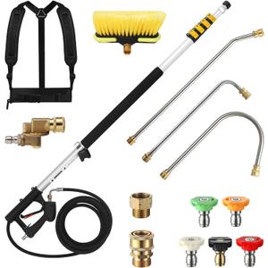 24 FT Telescoping Pressure Washer Wand with Pressure Washer Extension Wand, Brush Head, Gutter Cleaner, 5 Spray Nozzle Tips, 2 Hose Adapters and Support Belt