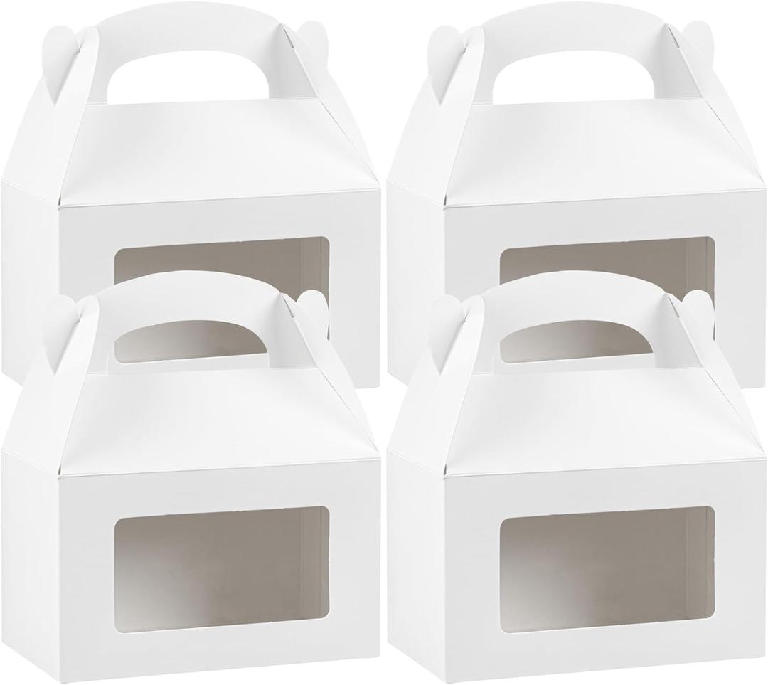 Restaurantware Bio Tek 6 x 3.5 x 3.5 Inch Gable Boxes For Party Favors, 100 Attractive Gift Boxes - Clear PET Window, With Built-In Handle, White Paper Barn Boxes, Greaseproof, For Parties