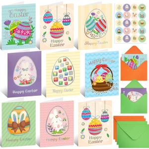 WorldBazaar Easter Cards Bulk For Kids 24 PCS Glitter Easter Greeting Cards with Envelopes Holographic Spring Colorful Eggs Bunny Blank Inside