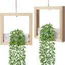 2 Pack Hanging Artificial Succulents Plants String of Tears - 7.8x7.8in Square Wooden Frame Vase with Stones & 2 LED Fairy Lights (On/Off Switch), Boho Decor for Indoor Outdoor Wall (Natural Wood)