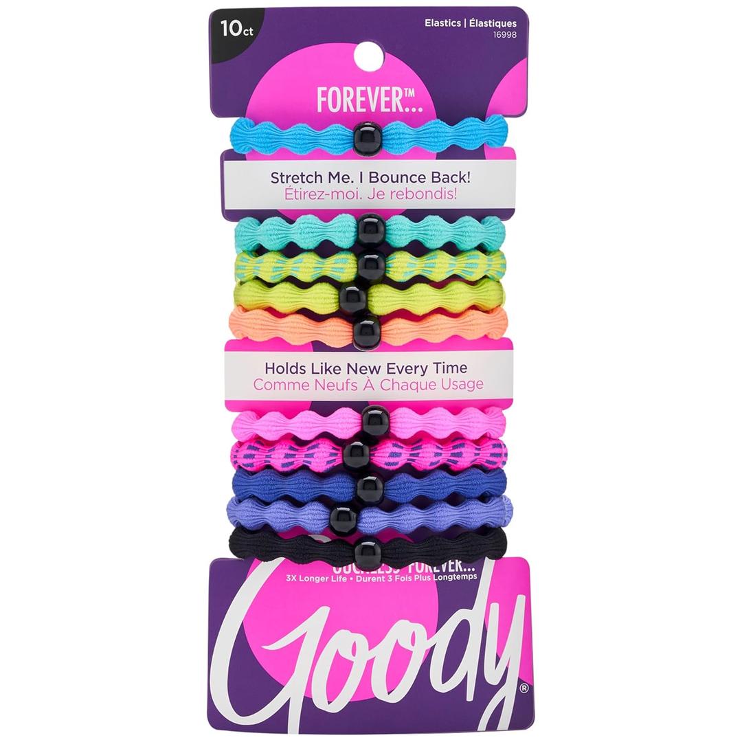 Goody Ouchless Forever Hair Elastics - 10 Ct, Assorted Neon, Damage-Free Bands, 3X Stronger Hair Ties, Retainable Shape, 16 Strand Inner Core, Hair Accessories for Women & Men, All Hair Types