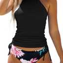 Beachsissi Women's Bathing Suit Drawstring Side Halter Neck Tankini Set, Rose Flower, M