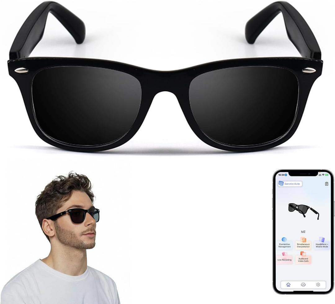AI Translator Smart Glasses for Women Men, Bluetooth Audio Sunglasses with UV400 Polarized Lenses, Photo Translation, No SubscriptionReal-Time Translation(160+Languages) for Travel Business (Black)