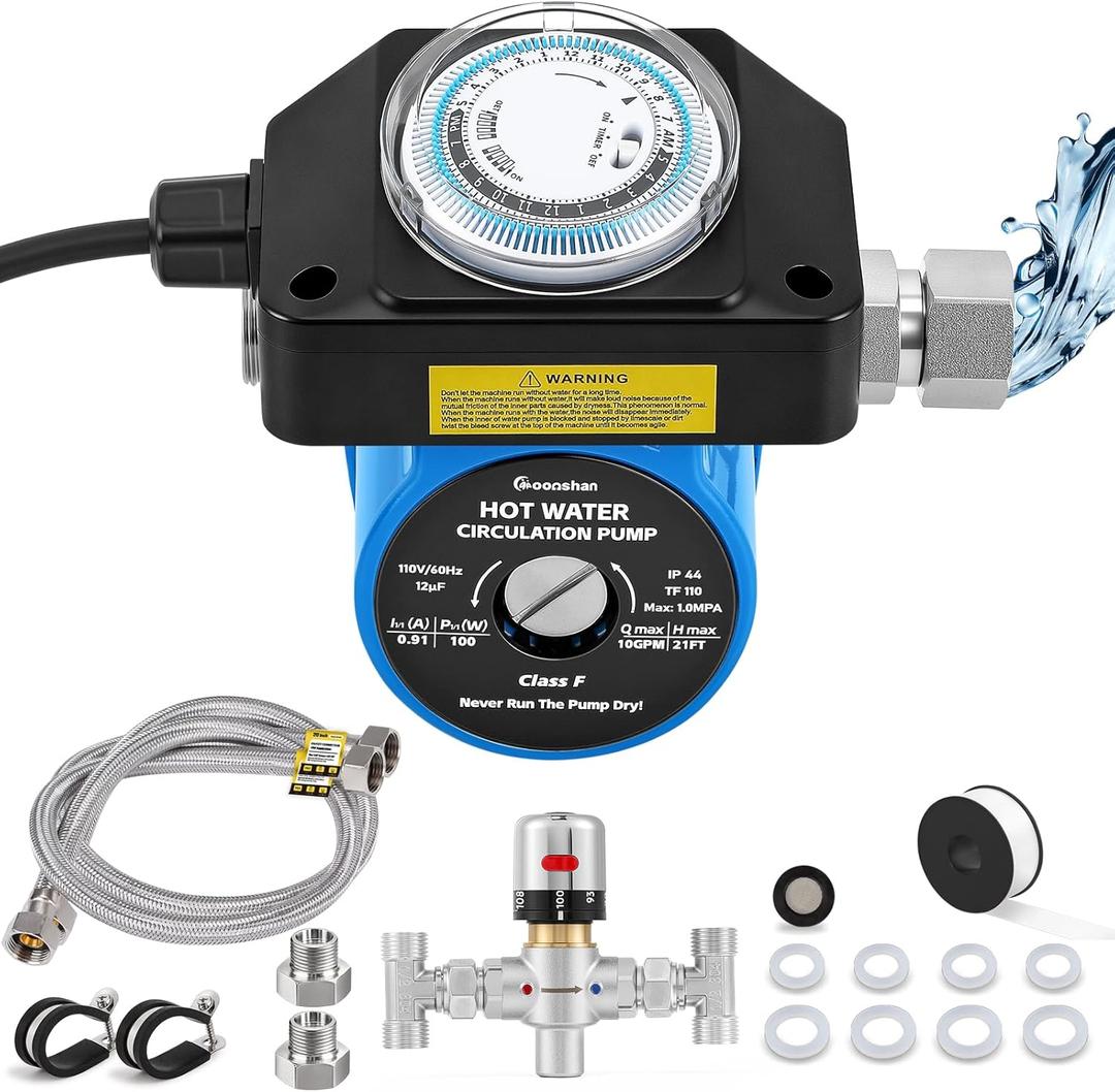 Instant Hot Water Recirculating Pump with Stainless Steel Adjustable Bypass Valve Kit for Tank Water Heaters Circulator Pump with Upgraded Timer Water Recirculating System with Complete Kit
