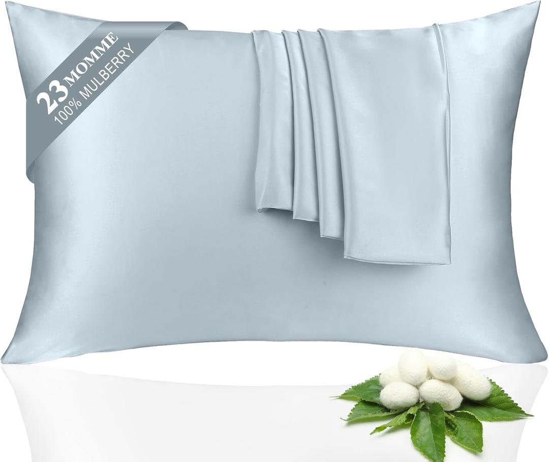 100% Silk Pillowcase 2 Pack for Hair and Skin, Both Sides 23 Momme Grade 6A+ Mulberry Silk Pillowcases with Hidden Zipper, Soft&Smooth Cooling Pillow Cases (Ash Blue, King 2036)