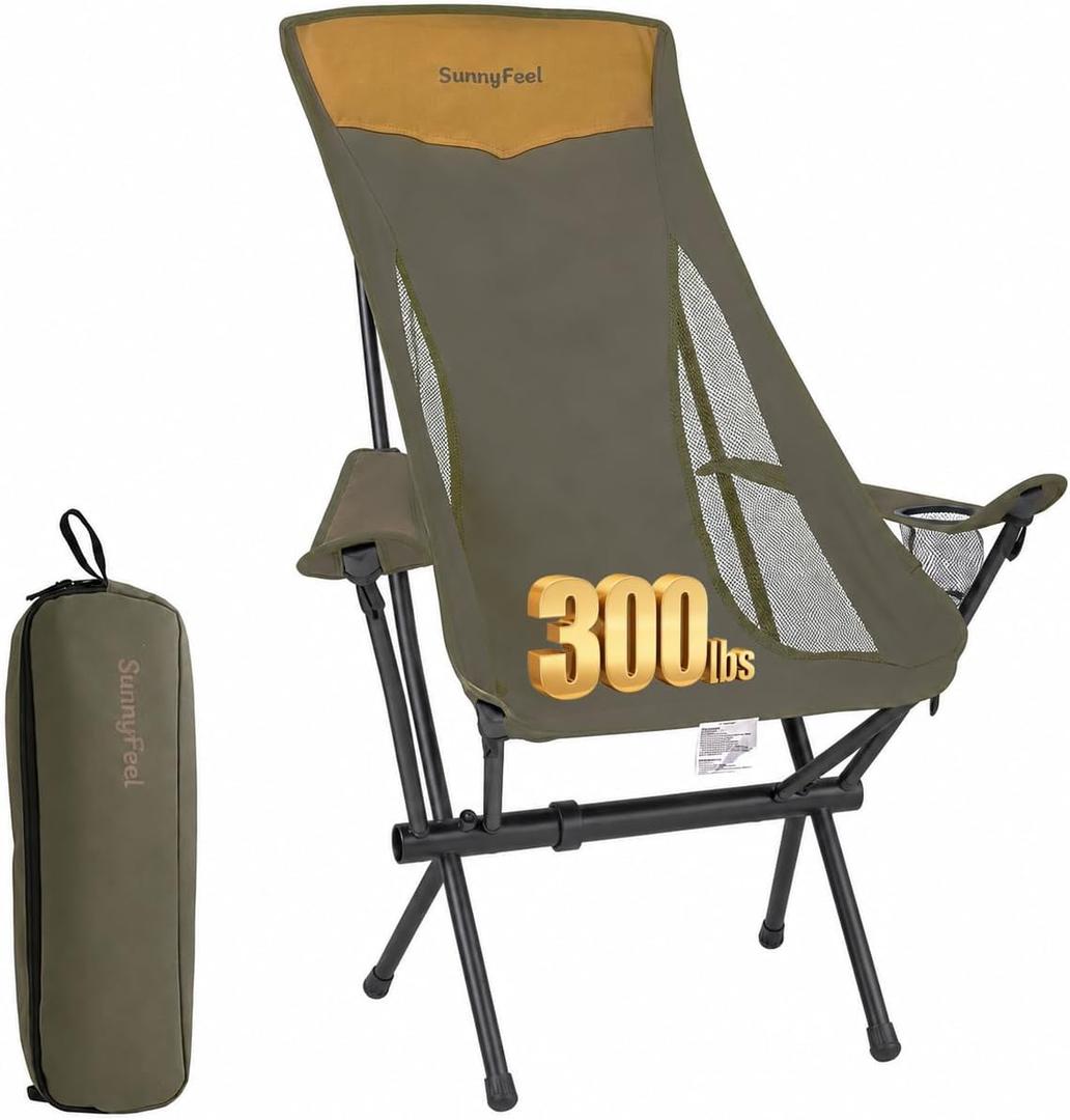 SUNNYFEEL Lightweight Folding Camping Chair, Portable Backpacking Chair with Head Support & Cup Holder, Stable Aluminum Beach Chair for Outdoor Camping, Hiking, Travel, Picnic, Fishing, 300 LBS, Sand, Oversized
