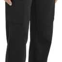 QBK High Rise Yoga Scrub Pants Women - Straight Wide Leg Uniform Pants with Cargo Pocket, Anti-Wrinkle & Knit Yoga Waistband Large