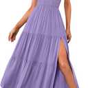 MEROKEETY Women's Summer One Shoulder Sleeveless Knot Smocked Midi Dress Split Tiered Flowy Dresses (Medium, Purple)