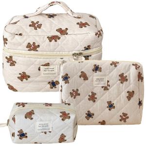 Beige MakeUp Bag Set 3PCS Quilted Make Up Pouch Cute Cotton Cosmetic Bag for Travel Striped Bear Large Toiletry Bag For Women(C)