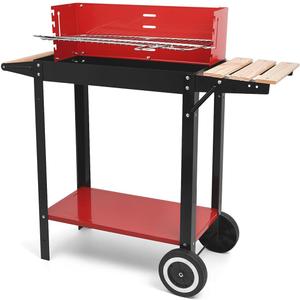 Charcoal Grill, Outdoor BBQ Portable Grill with Side Table and Wheel, Folding Grill for Outdoor Cooking Camping Garden (Red)