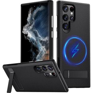 for Samsung Galaxy S22 Ultra Magnetic Case, [Fit for Magsafe] Military Grade Dual-Layer Shockproof Protective with Non Slip Textured Back, Phone Case with Kickstand for S22 Ultra (Black)