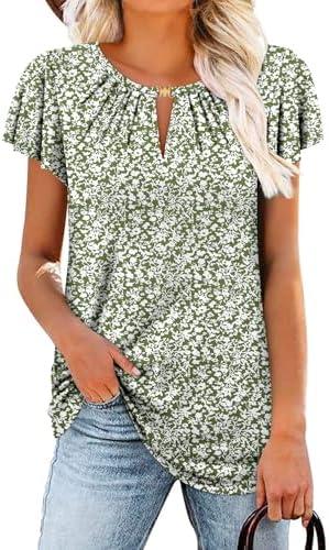 BETTE BOUTIK Womens Crewneck Short Sleeve KeyholeSummer Tunic Tops Pleated Shirts Blouses, L