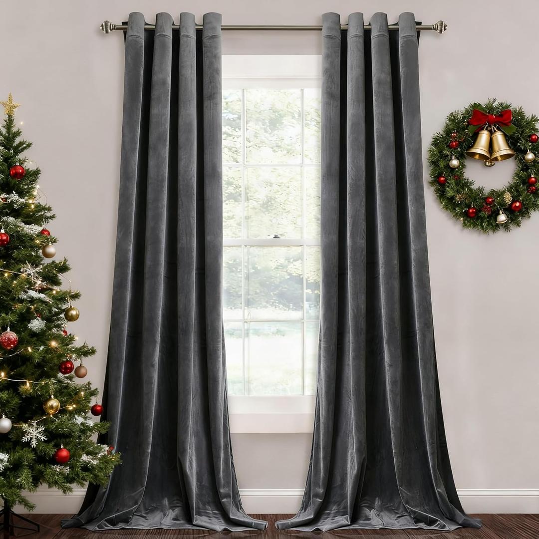 StangH Grey Velvet Curtains for Living Room 96 inches Long Blackout Curtains for Bedroom Grommet Privacy Thermal Insulated Window Drapes for Sliding Glass Door, W52 by L96 inches, 2 Panels