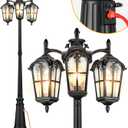 VIANIS Outdoor Post Lights with Outlet, Anti-Rust Vintage Lamp Posts Outdoor Lighting Dusk to Dawn, 3-Head Aluminum Outdoor Street Fixture with Ripple Glass for Yard Garden Driveway (Black (Lamp Head Down with Outlet))