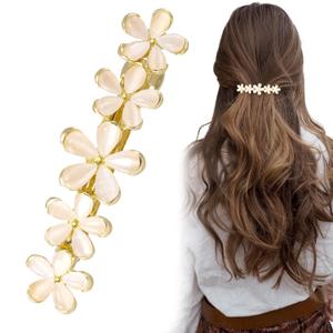2.6inch Gold Flower Hair Clip Sparkly Opal Wedding Barrettes Rhinestone Crystal Halloween Christmas Fancy Hair Pin Decorative Accessories for Women Thick Long Hair