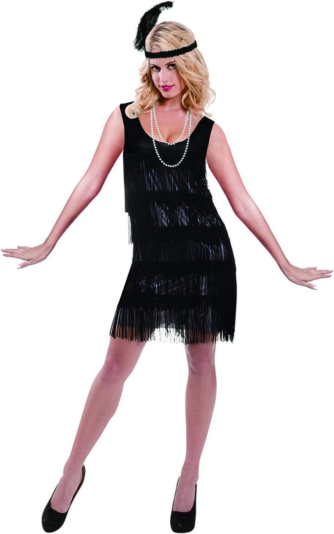 Leadtex Women's 1920s Fringed Flapper Costume with Feather Headband,Beaded Necklace (Black, L)