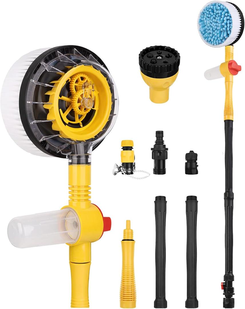 Rotating Car Wash Brush with Hose Attachment, Car Wash Brush with Long Handle & Soap Dispenser, Water-Powered 360° Spin Wash Brush Kit with Spray Gun & 5-Pattern Nozzle for Cars, RVs, Trucks