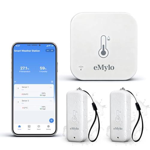 eMylo WiFi Thermometer Hygrometer 3 Pack, Smart Indoor Temperature Humidity Sensor with 2 IP65 Outdoor Sensors, App Alert, Data Export, 492ft Range, 2.4GHz Only for Home Greenhouse Monitoring