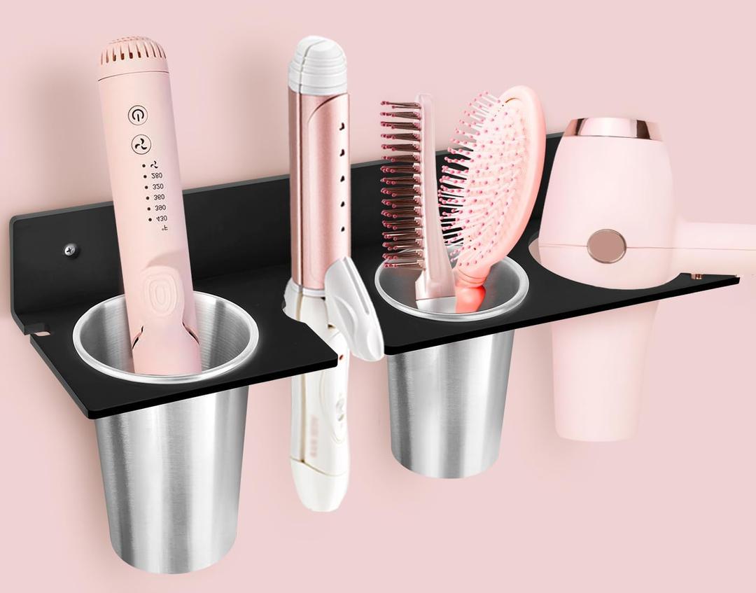 Hair Tool Organizer, Hair Dryer Holder with Heatproof Steel Cups, Acrylic Vanity Organizer for Curling Iron, Flat Iron & Hair Brushes, Perfect for Bathroom (Black, Oversized)