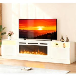 MXV 70" Fireplace TV Stand for TVs Up to 80", LED Light Entertainment Center with 36" Electric Fireplace, Modern Wood Texture TV Media Console with Highlight Storage Cabinet, White-White