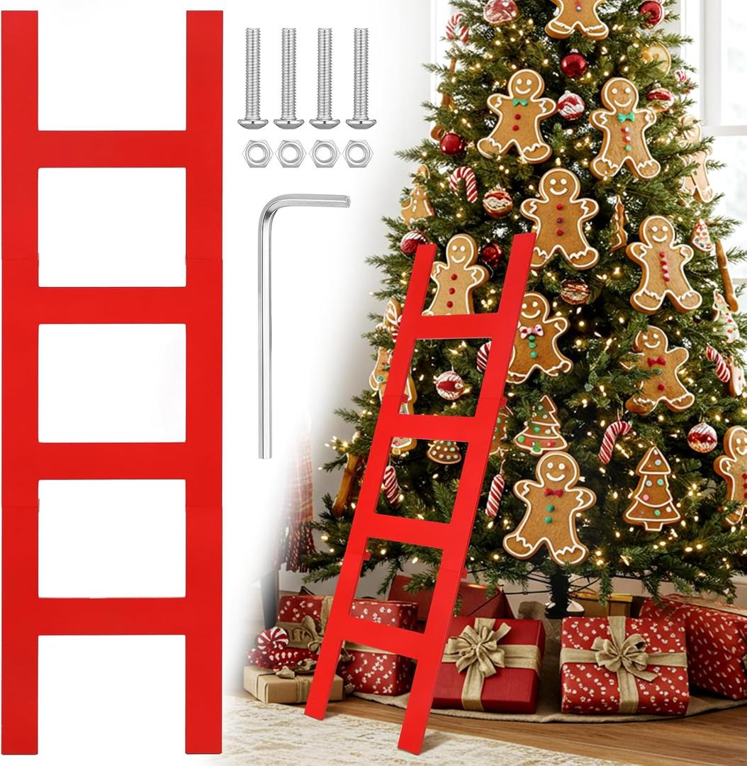 Jenaai 39 Inches Christmas Red Wooden Ladder Christmas Tree Decoration Santa Climb Ladder Assemble and Disassemble Rustic Decorative for Xmas Tree Wall Ornament Holiday Festival Party Decoration