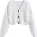 GORGLITTER Women's Button Up Cropped Cardigan Sweaters Chunky Long Sleeve 2025 Fall Coquette Cardigans White Small