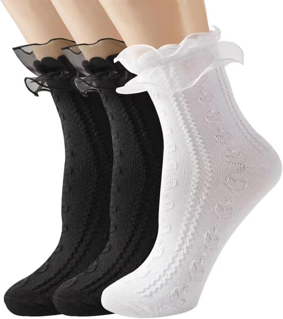 Women Lace Socks Ruffle Frilly Socks Lolita Socks,Women Ankle Socks Lace Ruffle Frilly Dress Socks for Girl (One Size, Black/White)